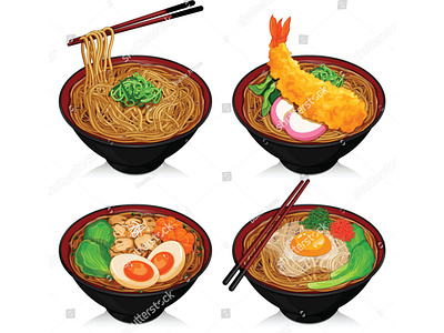 Soba noodles varieties recipes illustration vector.