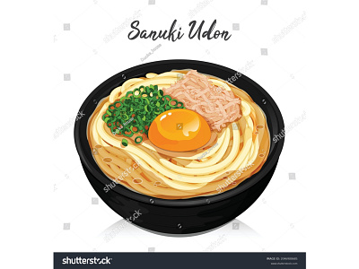 Sanuki udon noodles soup recipe with toppings (yolk egg, onion a anime cartoon design drawing egg food illustration illustration japanese food manga meal noodle noodles pork ramen udon vector