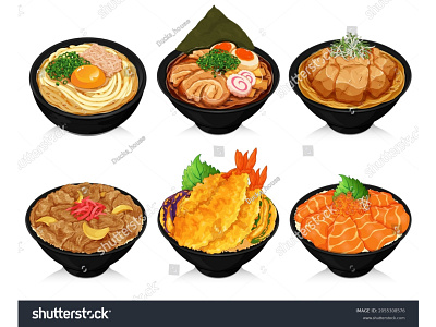 Japanese food recipes with rice and noodles illustration vector.