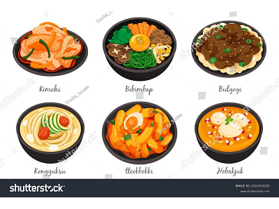 Korean food set menu isolated on white background illustration. bibimbap bulgogi cartoon collection cooking food illustration hobakjuk isolated kimchi kongguksu korea korean food menu mixing restaurant rice set stir fried tteokbokki vector