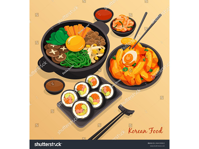 Korean food set menu on soft brown background illustration.