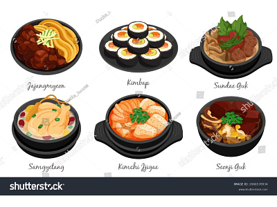 Korean food set menu isolated on white background illustration. anime cartoon collection culture food food illustration food set illustration jajangmyeon kimbap kimchi jjigae korea korean food manga menu samgyetang seonji guk sundae guk traditional vector