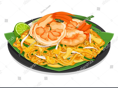 Pad thai shrimp noodles recipe. (Thai street food noodles) illus