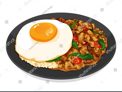 Spicy thai holy basil chicken with egg over rice dish recipes. anime asian food cartoon chicken drawing egg food illustration holy basil illustration isolated kra pow kai manga menu pad kra pao pork restaurant rice stir fried thai food vector