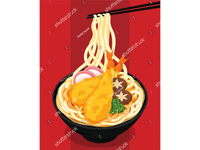 Japanese udon noodle soup illustration on red background vector.