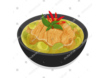 Thai green curry chicken soup recipe in black bowl menu illustra