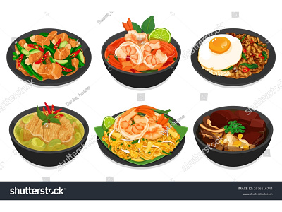 Thai street food restaurant menu illustration vector. anime asian food cartoon drawing food food illustration food set illustration isolated manga menu noodles restaurant rice soup spicy stir fried thai food tom yum kung vector