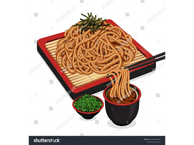 Soba noodles served on a japanese bamboo recipe illustration. anime asian food asian noodles cartoon chopsticks close up drawing food illustration holding illustration isolated japanese food japanese noodles manga noodle noodles vector soba soba noodles soup vector