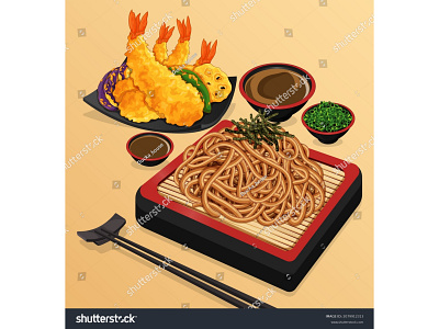 Soba noodles served on a japanese bamboo and crispy shrimp tempu