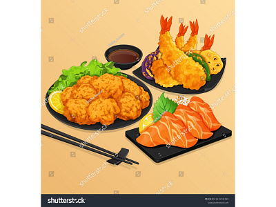 Japanese appetizers menu recipe illustration vector. anime appetizers buffet cartoon food illustration fried chicken illustration japanese appetizers japanese food karaage manga menu pork cutlet prawn salmon sashimi shrimp small bites tempura vector