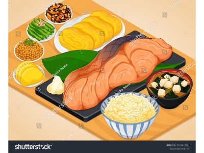 Japanese Breakfast Grilled Salmon with Tamagoyaki Vector. anime asian food breakfast cartoon close up drawing egg rolled food art food illustration grilled salmon illustration japanese japanese breakfast japanese food manga menu miso soup salmon tamagoyaki vector