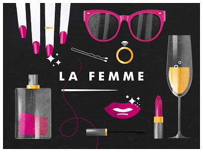 La femme feminine futura gold illustration lipstick perfume pink purple ring sunglasses