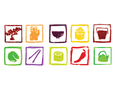 Asian icons asian bonsai buddha chopsticks fortune cookie icon illustration lucky cat pfchangs stamp sushi takeout