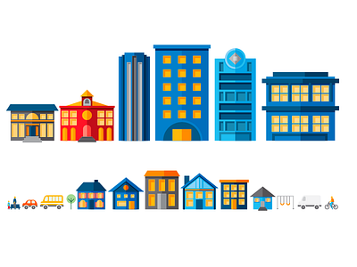 Buildings and homes buildings community iconography illustration