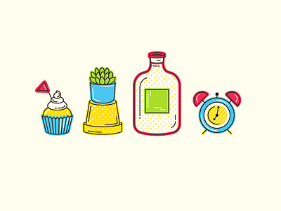 Objects bottle clock color cupcake icons illustration line art peace coffee plant still life succulent