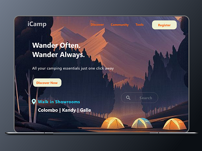 iCamp - Camping Essentials branding design minimal typography ui
