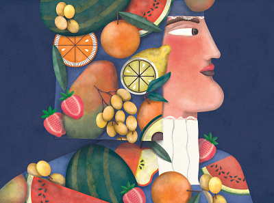 Illustration of a woman with fruits 'feeling fruits' digital art editorial art editorial illustration illustration illustration art publicity illustration woman illustration