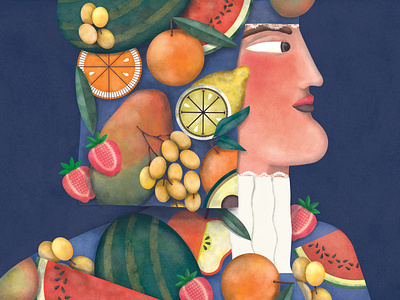 Illustration of a woman with fruits 'feeling fruits'