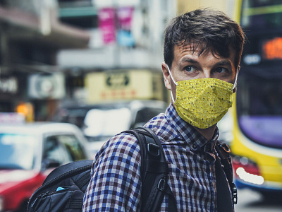 Man in Face Mask in City [Free PSD Mockup] audio equipment download face file free free download free mockup free psd freebie mask medical mock up mockup photoshop psd