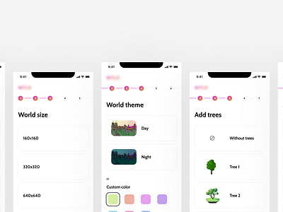 World Creation Mobile Pages - NFT & Metaverse Project app cards color pick creation crypto design metaverse mobile nft product progress steps ui ux visual wallet worlds