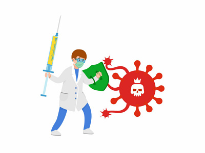 Medic with vaccine fights against coronavirus character coronavirus covid doctor iilustration illustration medic shield syringe vaccine vector virus