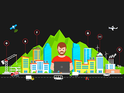 Iot city developer bank character characters city developer house illustration iot programmer skyscraper solution telematics vector