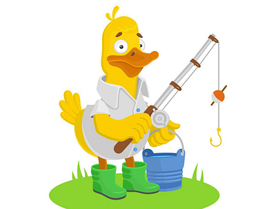 Good duck goes fishing boots character duck fishing hook illustration vector