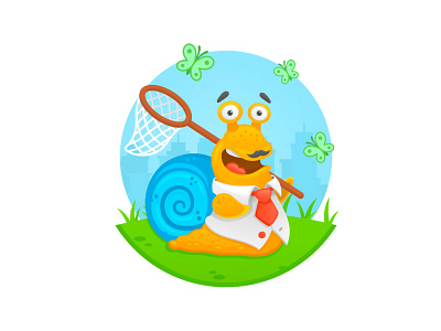 Funny snail character butterfly character hunting iilustration snail summer vector