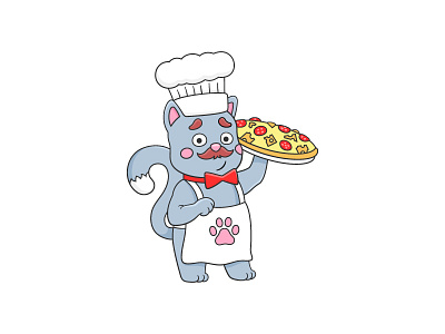 Cat Chef Pizza Maker animal cat character cheese chef cook italia paw pizza salami vector