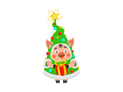 Cheerful pig character dressed as a Christmas tree gives a gift character christmas gift holiday new year pig star toy vector