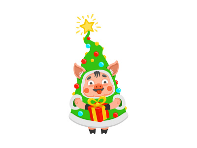 Cheerful pig character dressed as a Christmas tree gives a gift