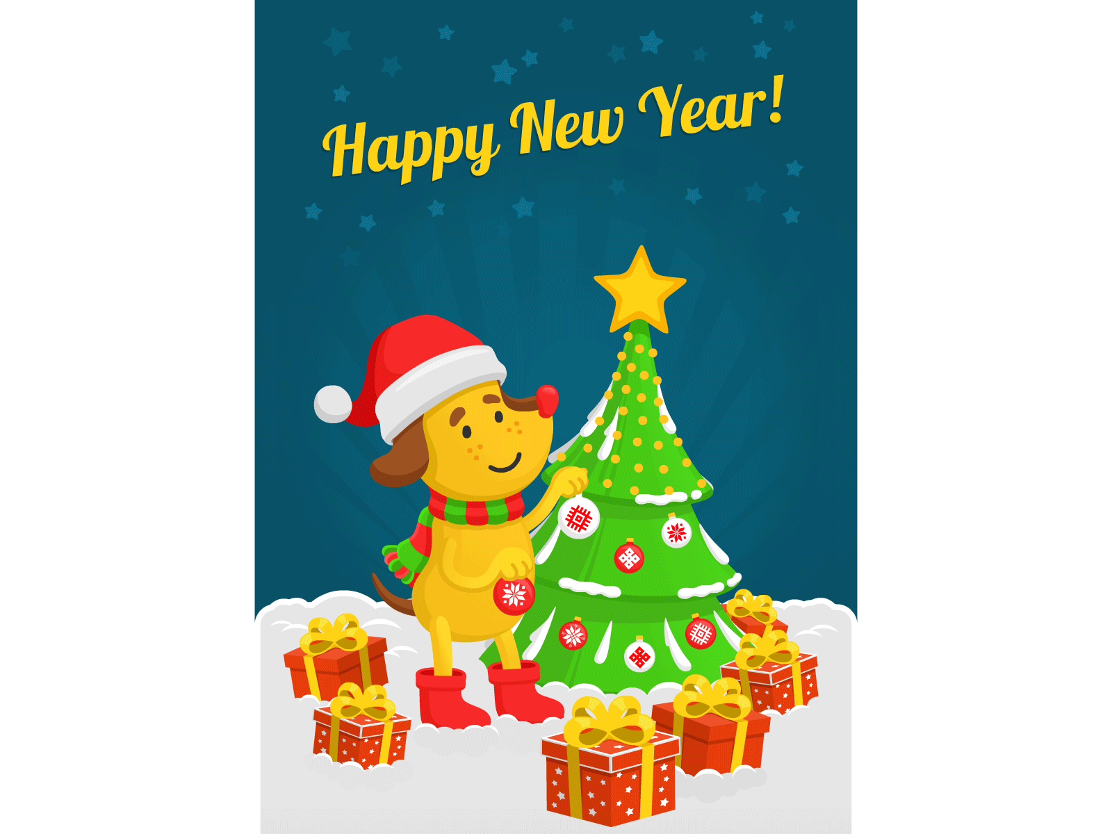 Happy New Year dog decorate christmas tree animation card animal animation christmas dog gift happy icons new year puppy santa claus snow tree vector winter
