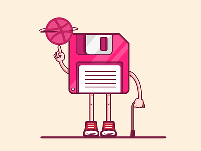 Never give up ball basket cane disk dribbble floppy illustration old pink retro save