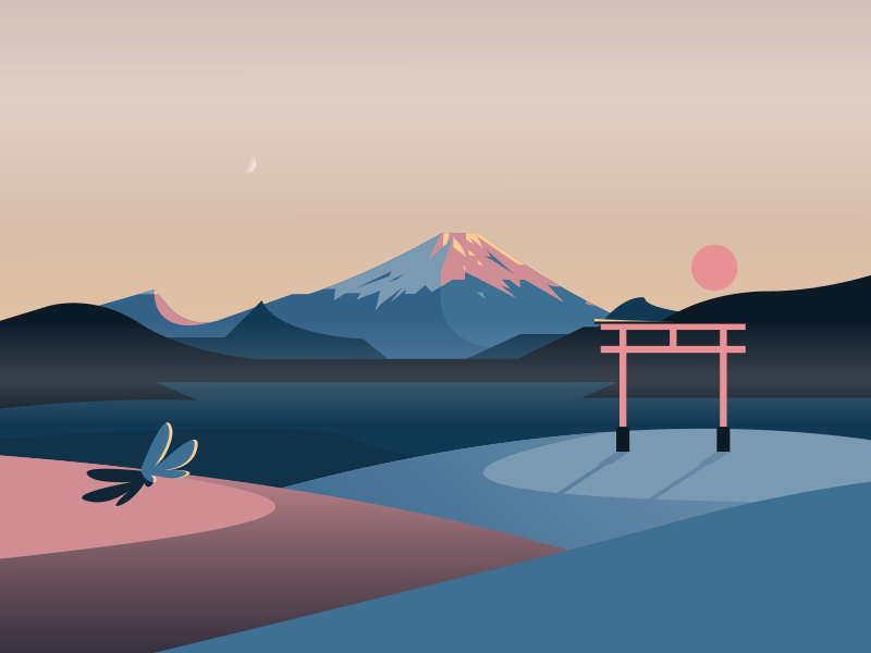 Japanese Landscape tori mist moon sunset sun landscape lake mountain fuji japan