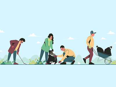 cleaning garbage in park character design flat garbage illustration illustrator nature save the planet vector volunteers