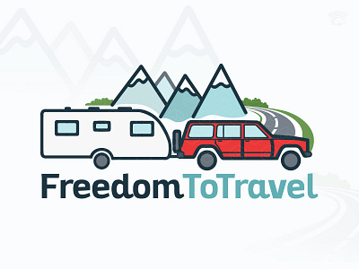 'FreedomToTravel' Logo Design camping logo camplify caravan icon logo blue with red logo caravan logotype design mountains peaks rv towing car travel logo winding road