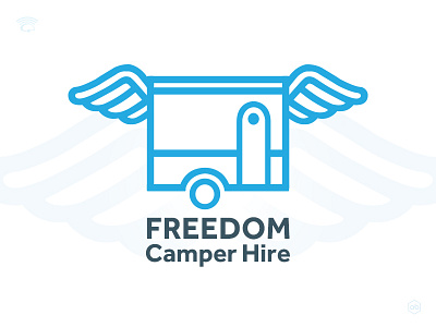 'FREEDOM Camper Hire' Logo design blue vector linear logo camper camper hire camper with wings campervan camping freedom logo design camp travelling vector logo wings
