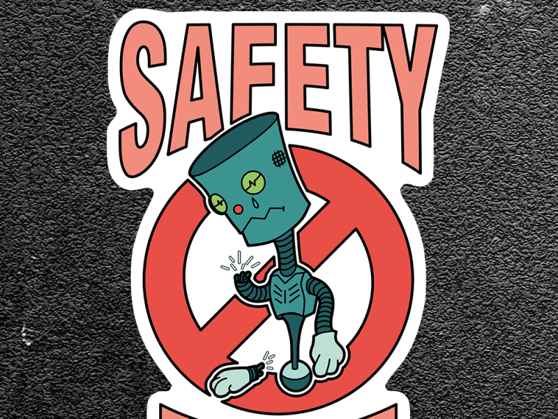 Safety First character cyberpunk danger darkmood hazard illustration industrial robot safety sticker design tshirt art warning
