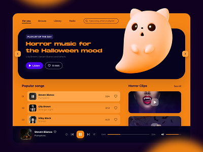 Horror playlist for the Halloween mood 3d design dribbleweeklywarmup ghost halloween music player pumpkin spooky ui ux web website