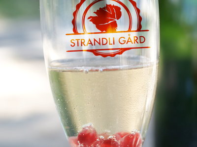 Logo Strandli gård berry branding champagne drink glas logo logomaniac norway read red rhubarb strandli