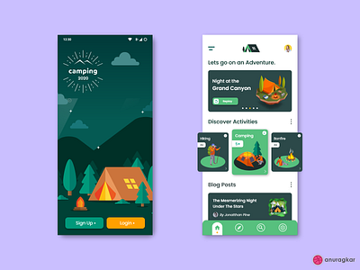 Camping- A concept camping app design adobexd app appdesign camping concept app dailyui design graphicdesign green home screen illustration interaction design login page material design mobileapp mockup typography ui uiux vector