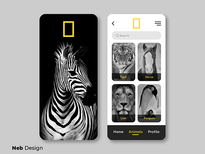 Nat Geo application UI design app application design application ui gray mobile design mobile ui nat geo neb design social media design ui ui design web design website yellow zebra