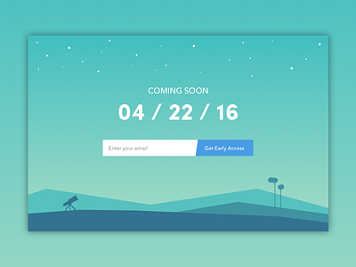 Daily UI #48 - Coming Soon blue coming concept dailyui green hills mountains soon stars telescope trees widget