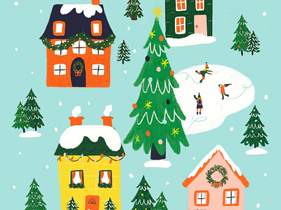 Elf Village christmas christmas tree elves house ice skating illustration procreate snow village wreath