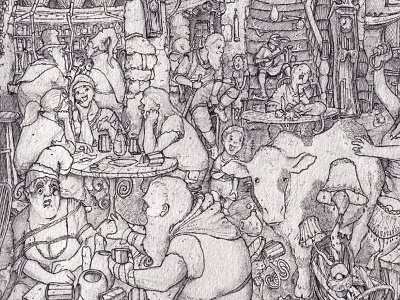 The Grey Swan Taproom character cow crowd detail drinking fineliner illustration ink pub story tavern