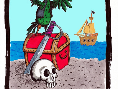 Ahoy drawing illustration ink markers parrot pirate skull treasure
