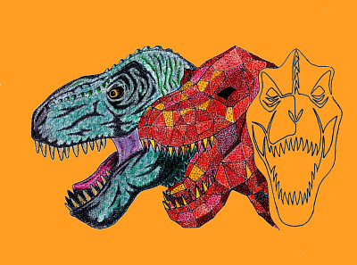 Triple T-Rex colored pencils dinosaur drawing illustration ink t rex