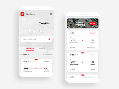 Milan Airports ✈ Flights · Mobile aircraft airplane airport app booking branding easy flights fly milan milano minimal real time simple soft tiket traker traking travel white