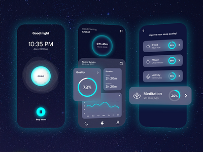 Sleep checker by Milo Solutions alarm app balance bedtime black ui checker dark mode design meditation mobile night sleep sleep duration sleep tracker statistics timer tracking ui ui design ux ux design