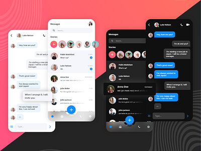 Messenger mobile redesign black version chat app chatting chatting app communicator dark mode direct messaging message app messaging app messenger dashboard ui design